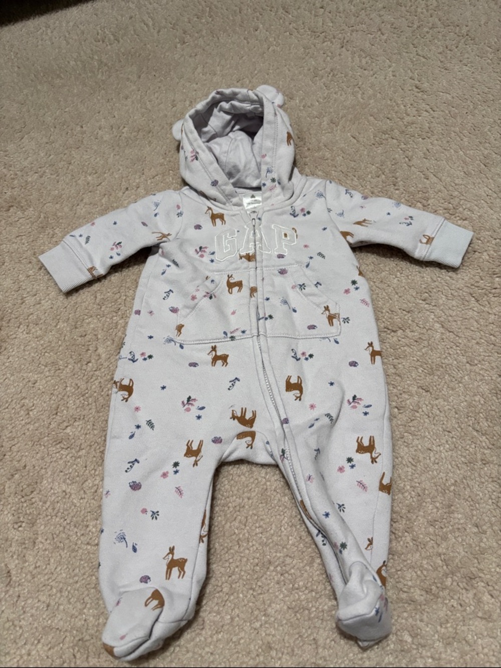 GAP Light Gray lavender Hooded Baby One-Piece with Deer Print